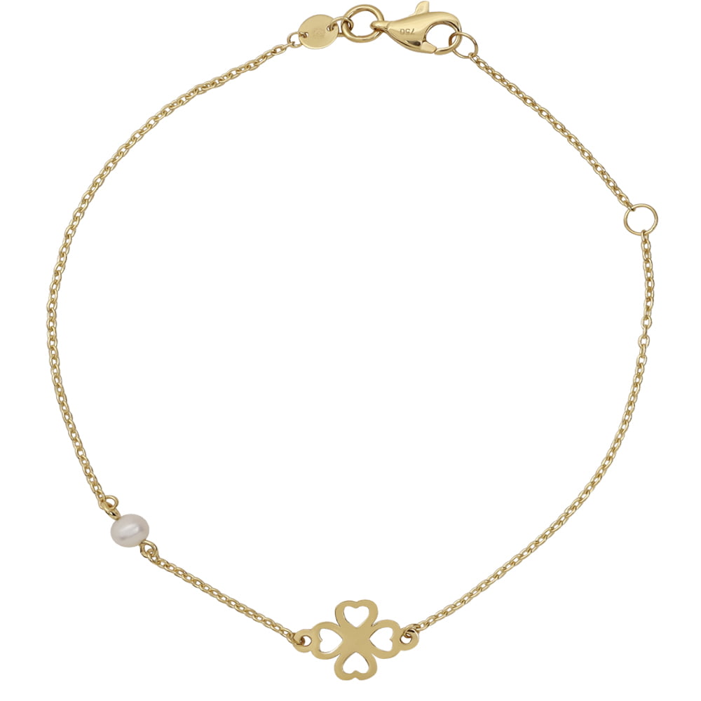 18ct Solid Yellow Gold Clover Pearl Chain Bracelet