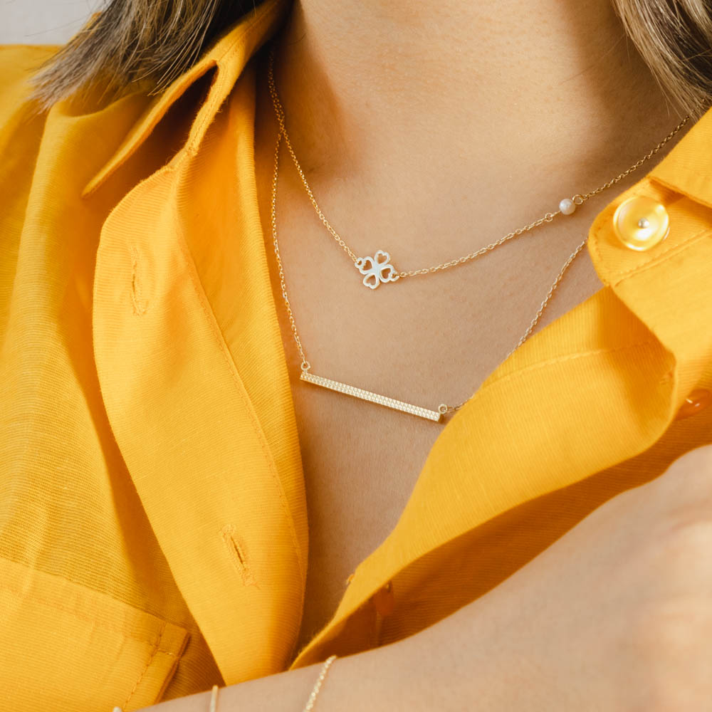 18ct Solid Yellow Gold Clover Pearl Necklace-7