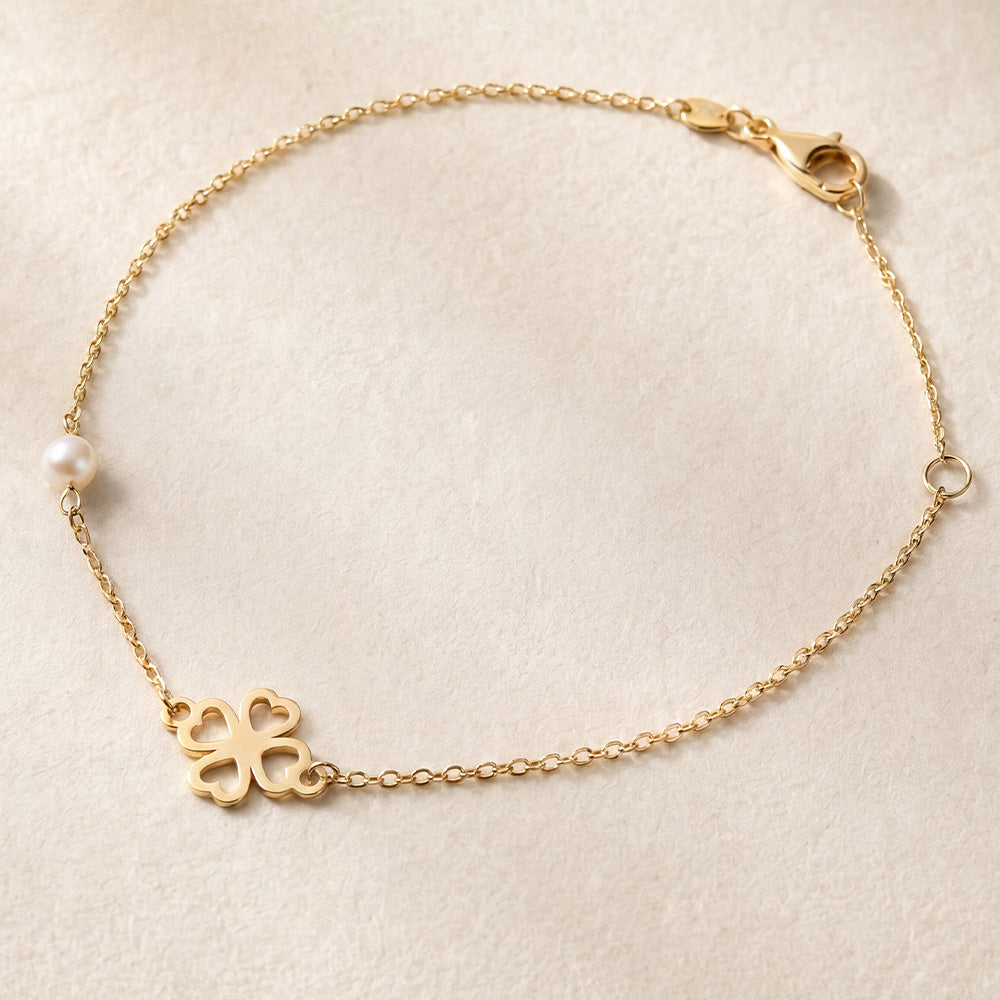 18ct Yellow gold clover pearl chain bracelet