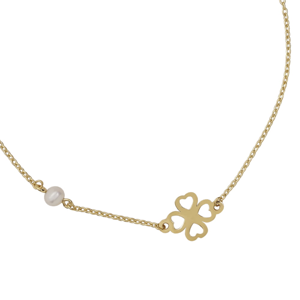 18ct Solid Yellow Gold Clover Pearl Chain Bracelet.3
