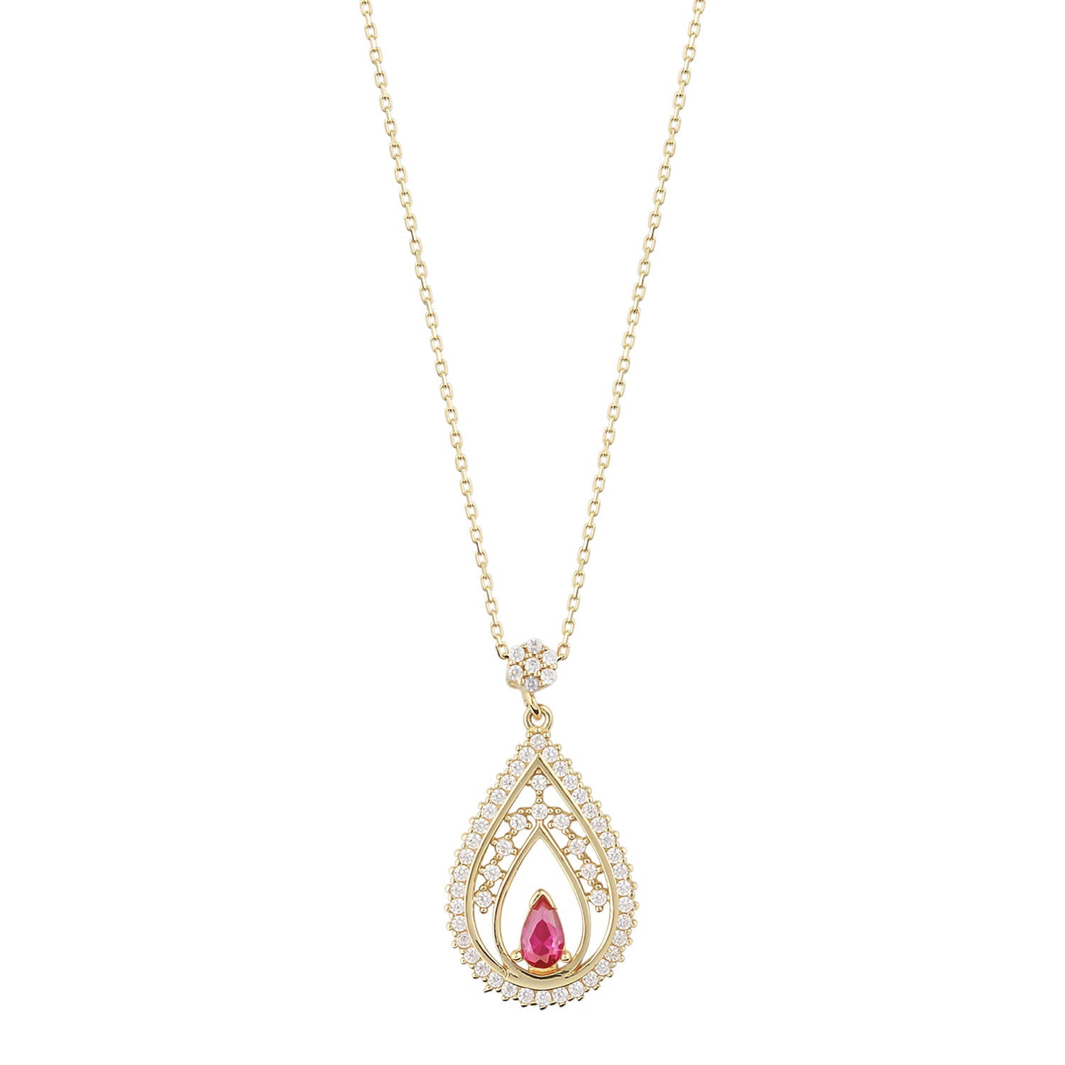 18ct Yellow Gold Pink Stone Peardrop Necklace